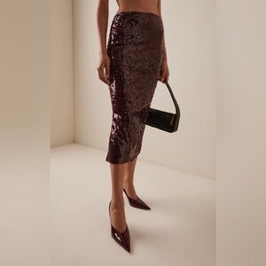 Zara NWT brown Sequin Pencil Midi bodycon Skirt Cocktail S